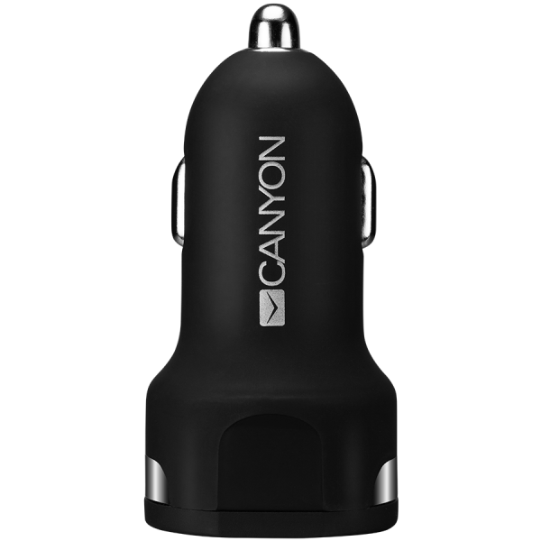 CANYON C-04, Universal 2xUSB car adapter, Input 12V-24V, Output 5V-2.4A, with Smart IC, black rubber coating with silver electro