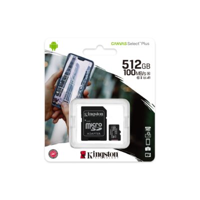 Kingston MicroSD 512GB Class10Canvas Select Plus;SD adapter100/85MBs,Class 10 UHS-I, U3, V30