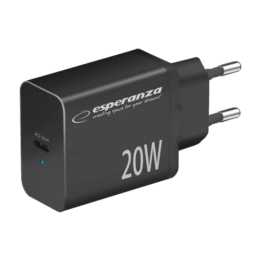 USB punjač Type-C fast charger, ESPERANZA QUICK POWER CHARGER 20W USB-C PD, BLACK, EZC104K