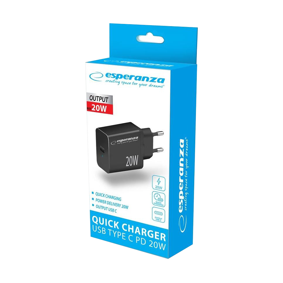 USB punjač Type-C fast charger, ESPERANZA QUICK POWER CHARGER 20W USB-C PD, BLACK, EZC104K