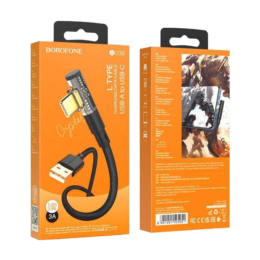 USB kabal BOROFONE BU39 Rio Transparent Discovery Edition charging data cable Type-C black 1,2m, 2,4 A