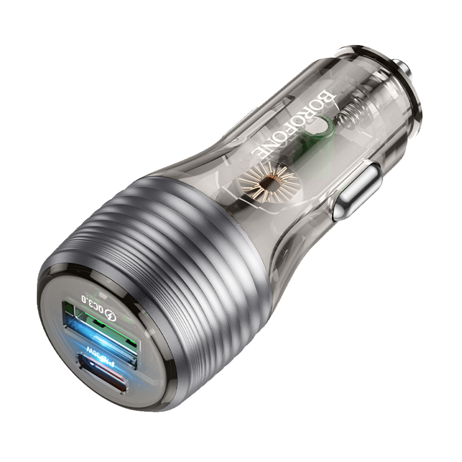 Auto Punjač sa kablom 1m Type-C to Type-C BOROFONE BZ30 Absolute PD30W+QC3.0 car charger set USB + Type-C, transparent black - Image 2