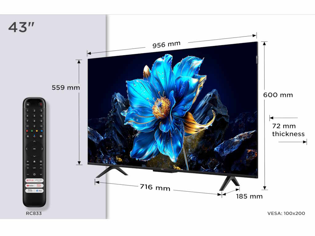 TCL 43″P7K 4K QLED TV 60HzGoogle TV; HDR multi-format;HVA Panel; Game Master; Dolby Atmos;