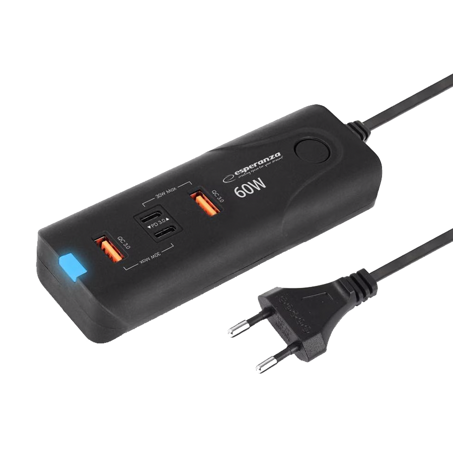 USB punjač 2xType-C + 2xUSB-A, ESPERANZA QUICK POWER CHARGER 60W 2x USB-C PD 30W / 2x USB-A QC 3.0 18W, EZC109