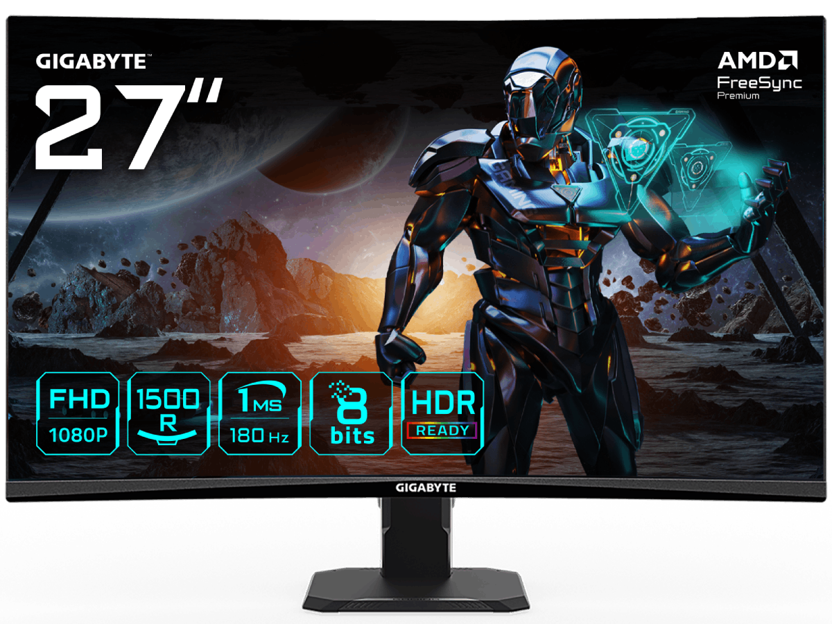 Gigabyte Monitor 27″ GS27FC EU27″ VA 1500R, 1920×1080 FHD, 250cd, 180Hz, 1ms, 2x HDMI, 1x DP