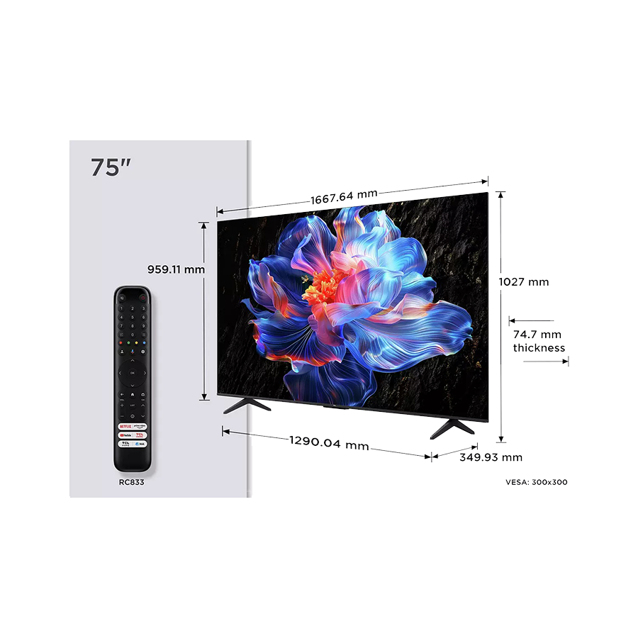 TCL 75″V6C 4K TV Google OS HDR10 HVA Panel Motion Clarity Dolby Audio; AiPQ Processor;