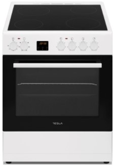TESLA Šporet CV6400SW; Samostojeći - Staklokeramički; 4x zone; Ventilator; Display sa 3 dugmića; Timer; Bez poklopca; 6x Funkcija pećnice; Čišćenje parom; Dvostruka crna staklena vrata; 1x pleh +1x rešetka +1x duboka; Ladica; net ŠxD = 60x60; BIJELI