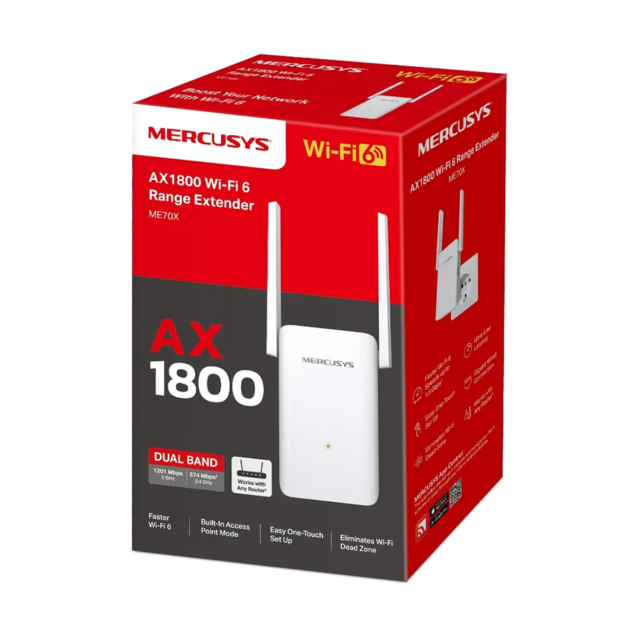 Mercusys ME70X AX1800 Wi-Fi Range Extender, 574 Mbps at 2.4 GHz + 1201 Mbps at 5 GHz, 2× Fixed External Antennas, 1 × Gigabit Port, Wall Plugged, 1024