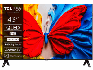 TCL 43"S5K  FHD QLED TV;60 Hz HDR 10 Android TV; Dolby Digital Plus; HDR10: Netflix USB 1080p; Android TV (ATV 11.0) Google Play Store; Chromecast & T-cast; HDMI 2x 1.4 USB 1x 2.0; Multiple Viewing Mode; Metallic Bezel-less; Brushed metal front