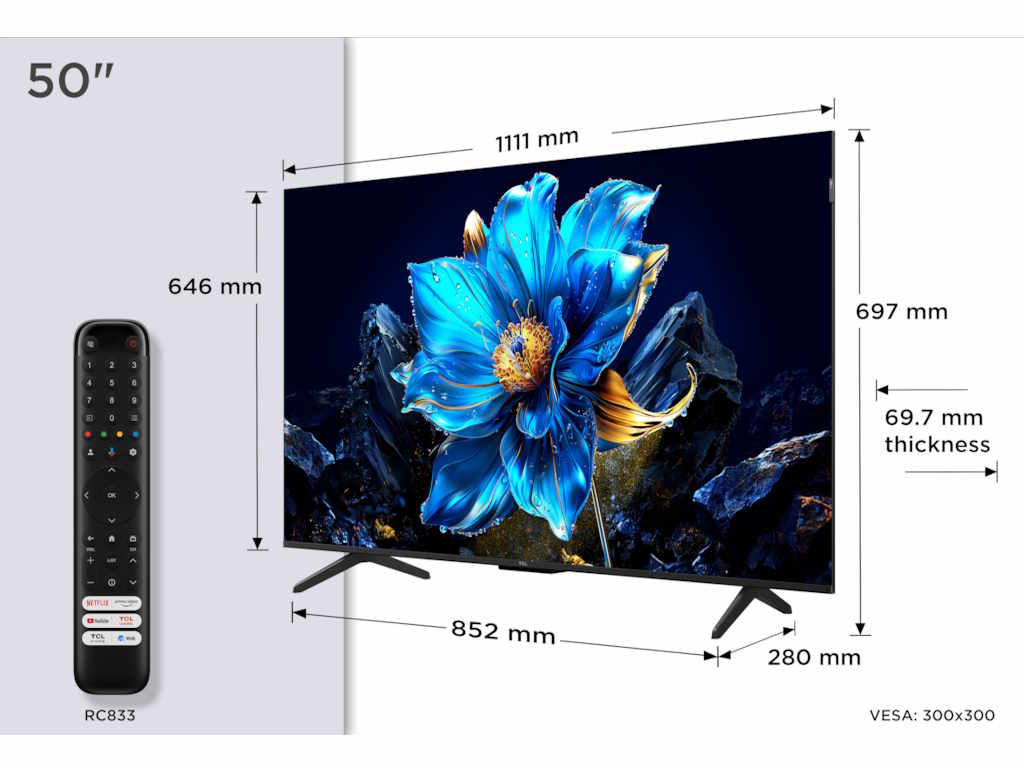 TCL 50″P7K 4K QLED TV 60HzGoogle TV; HDR multi-format;HVA Panel; Game Master; Dolby Atmos;