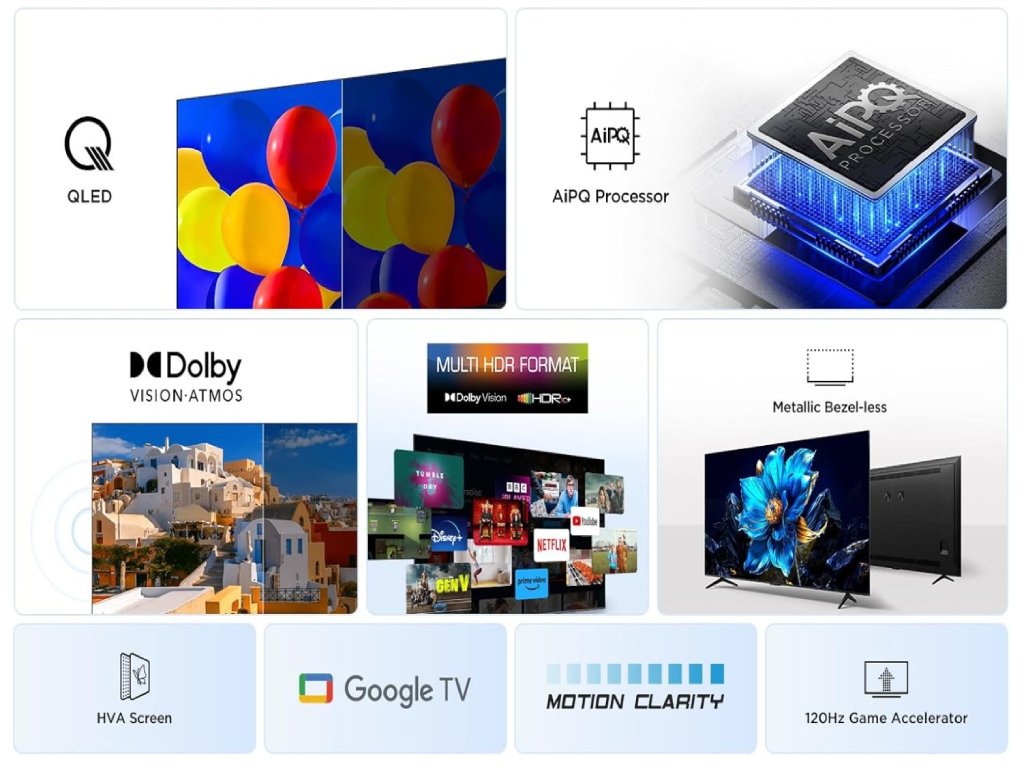 TCL 65″P7K 4K QLED TV 60HzGoogle TV; HDR multi-format;HVA Panel; Game Master; Dolby Atmos;