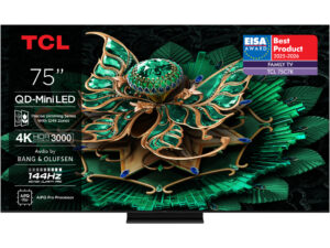 TCL 75"C7K 4K QD-Mini LED TV; 144Hz Google TV; Crystglow HVA Panel; Game Master; Audio Bang & Olufsen; Motion Clarity Pro; HDR Premium; HDR10+ HDR10 HLG; Netflix Youtube Amazon Prime Apple TV; Chromecast & T-cast; HDMI: 4x 2.1; USB: 1x 3.0;