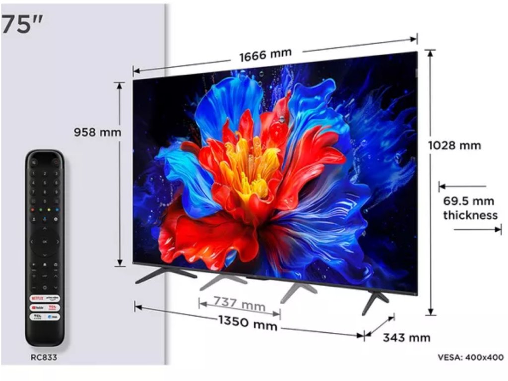 TCL 75″P8K 4K QLED TV 144HzGoogle TV; Motion Clarity Pro;Game Master; Onkyo 2.1;