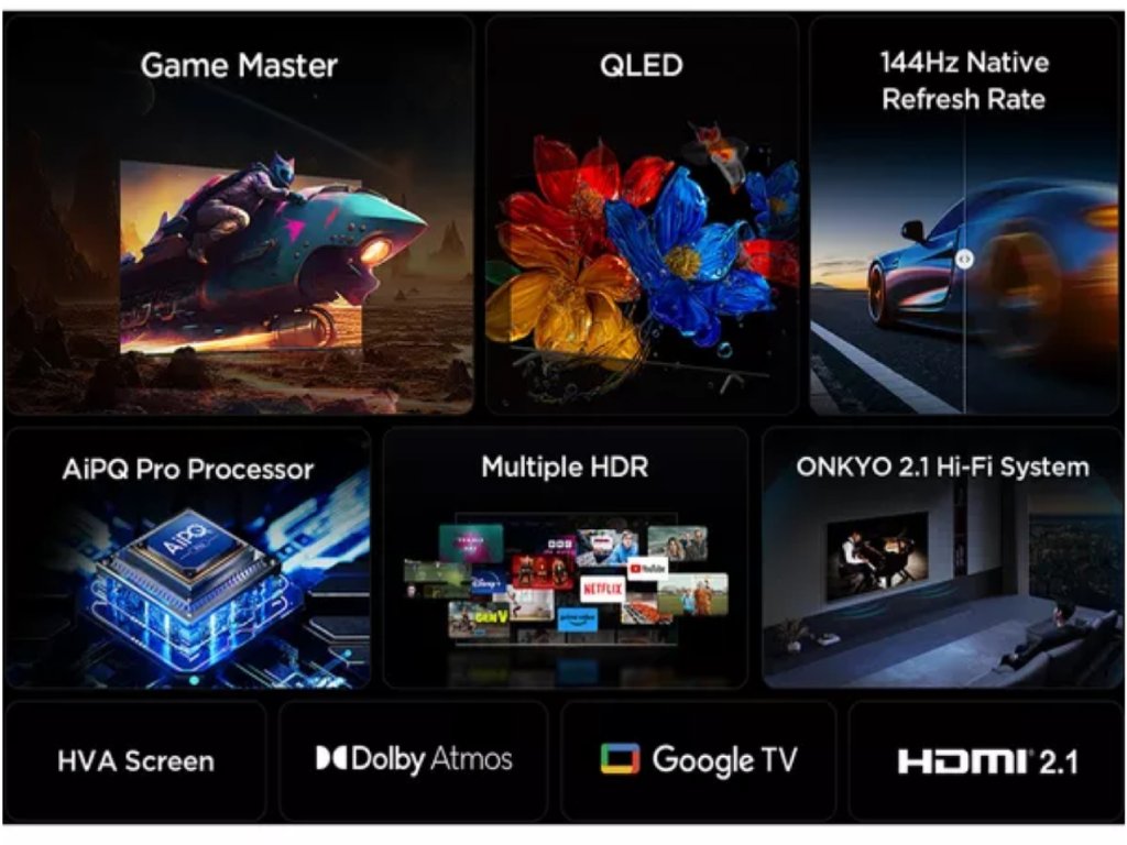 TCL 75″P8K 4K QLED TV 144HzGoogle TV; Motion Clarity Pro;Game Master; Onkyo 2.1;