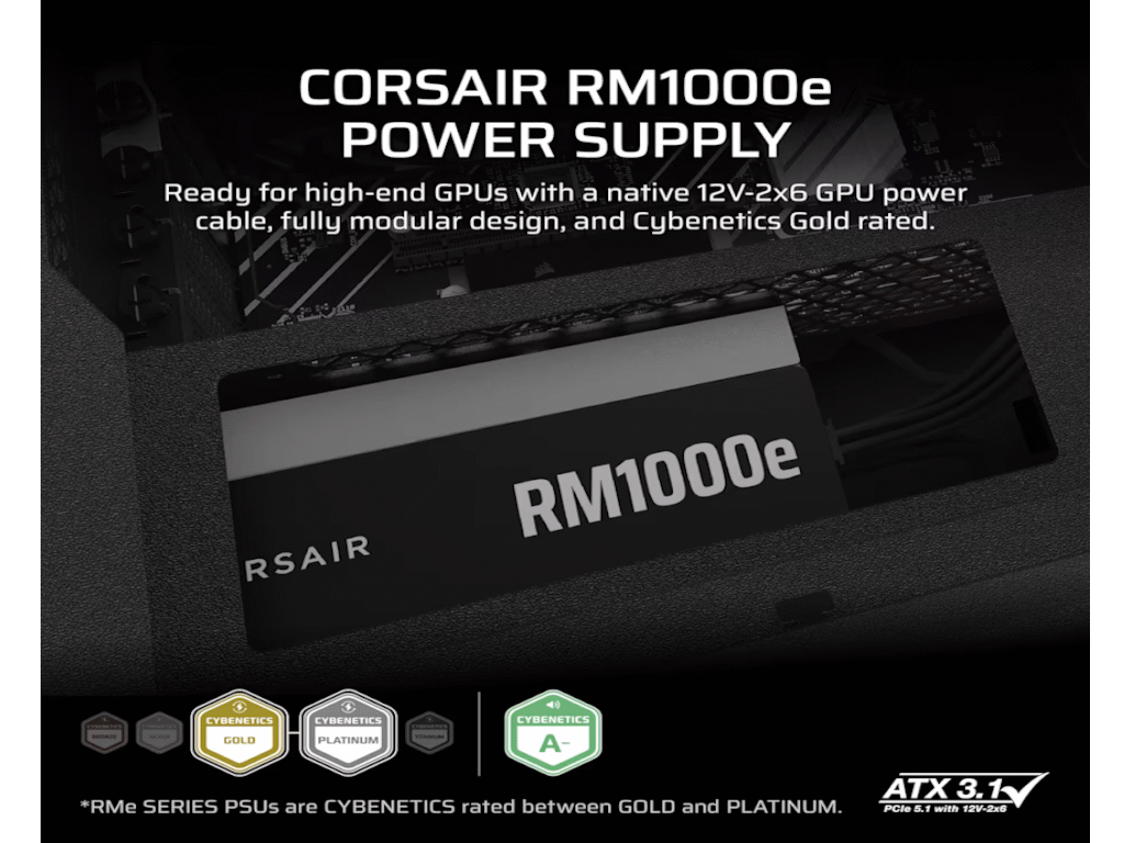 Corsair PSU 1000W RM1000eGold, Fully Modular, 12V-2x66xSATA, 3xPCIe, ATX 3.1, PCIe 5.1