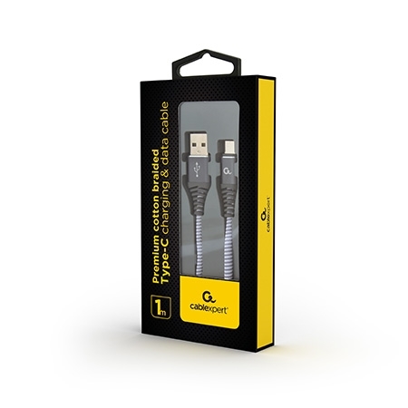USB 2.0 kabl Premium cotton braided Type-C USB charging and data cable, 1 m, spacegrey/white, GEMBIRD CC-USB2B-AMCM-1M-WB2 - Image 2