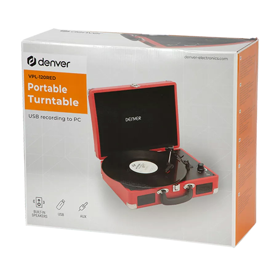 Denver gramofon VPL-120 , USB, zvučnici 2 x 1W, audio out, 331/3rpm, 45rpm or 78rpm, PC recording,crveni - Image 2