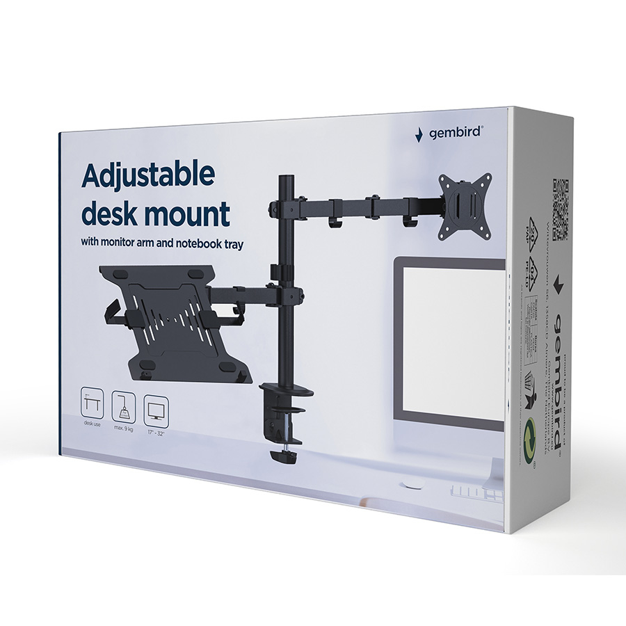 NOSAČ ZA MONITOR I LAPTOP GEMBIRD MA-DA-03, montaža na stol, monitors up to 32″ and notebooks up to 15.6″