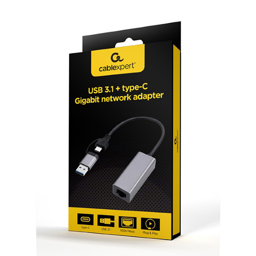 USB-A + Type-C to Ethernet LAN GEMBIRD USB 3.1 + type-C Gigabit network adapter, space grey, A-USB3AC-LAN-01 - Image 3
