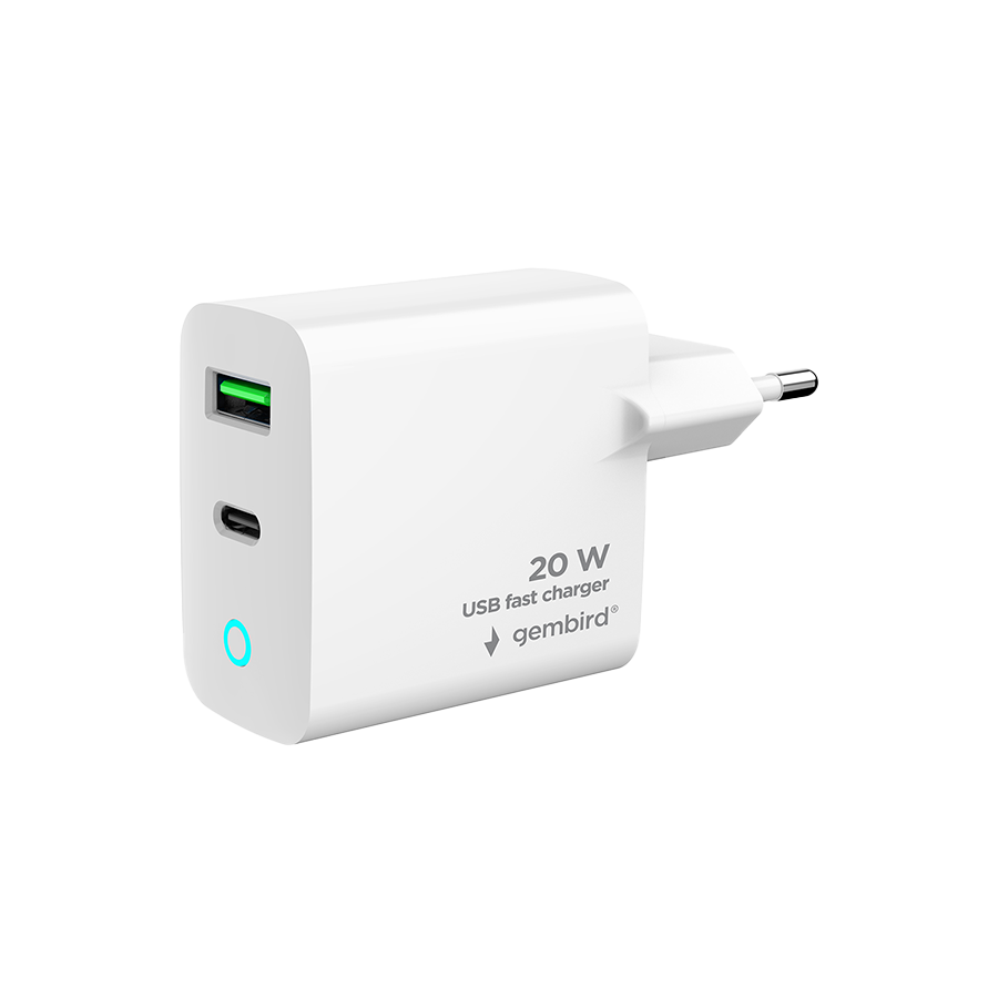 USB punjač 1xType-C + 1xUSB-A fast charger, 20W, white, LED, GEMBIRD, TA-UC-PDQC20L-W-01