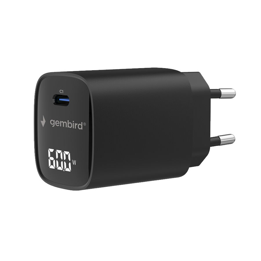 USB punjač Type-C fast charger, 60W USB LCD, black, GEMBIRD, TA-UC-1C-PD60LCD-01-BK