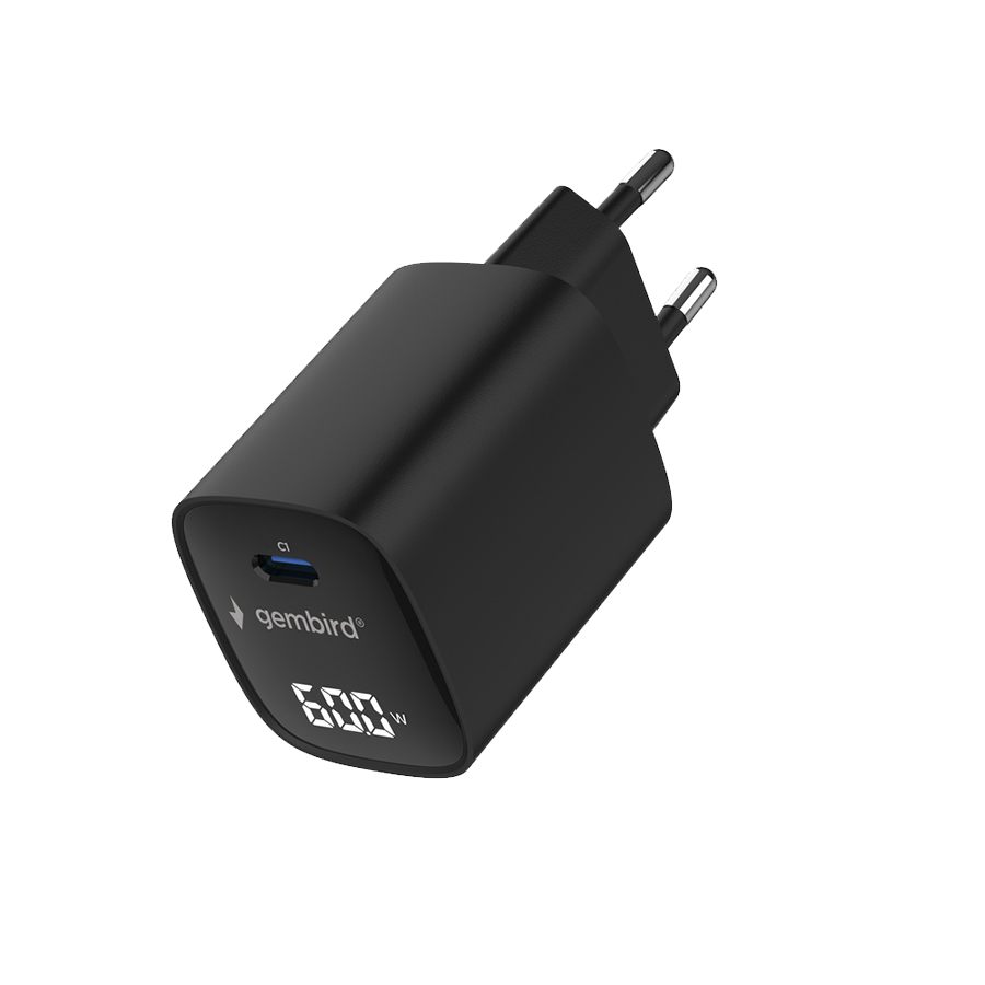 USB punjač Type-C fast charger, 60W USB LCD, black, GEMBIRD, TA-UC-1C-PD60LCD-01-BK