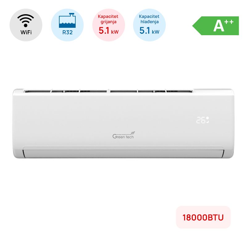 Klima Green Tech 18000BTU, 5.1kW, A++, R32, -22°C ~ 53°C, s grijačem, WiFi, bij.