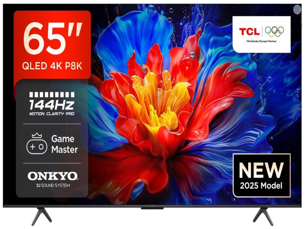 TCL 65″P8K 4K QLED TV 144HzGoogle TV; Motion Clarity Pro;Game Master; Onkyo 2.1;