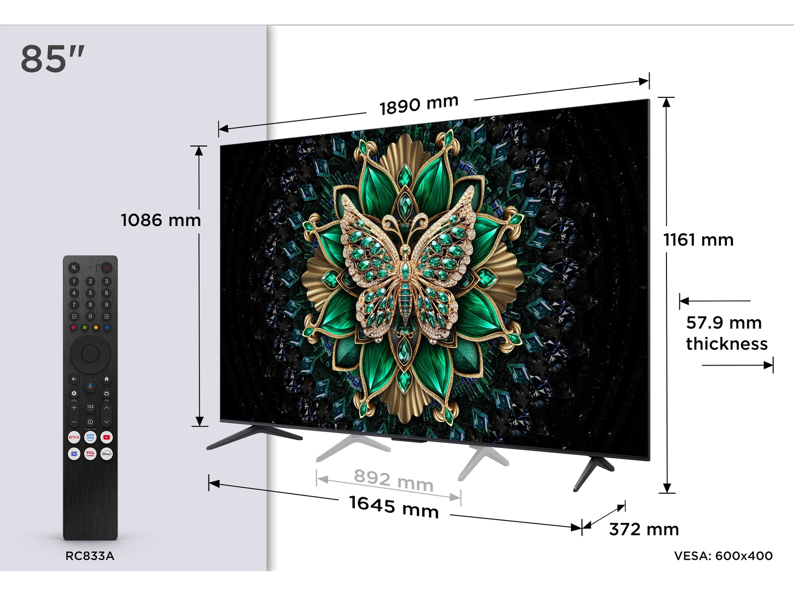 TCL 85″C6K 4K QD-Mini LED TV144Hz Google TV; Game Master;Dolby Atmos; Onkyo 2.1; HDR Premium;