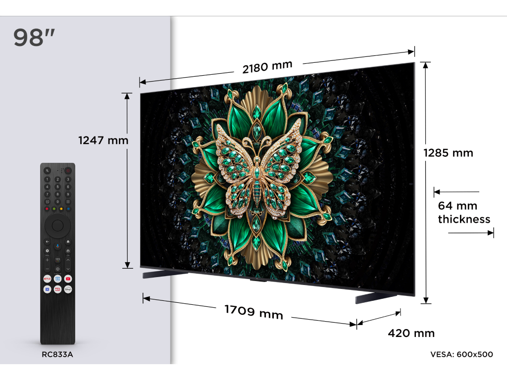 TCL 98″C6K 4K QD-Mini LED TV144Hz Google TV; Game Master;Dolby Atmos; Onkyo 2.1; HDR Premium;