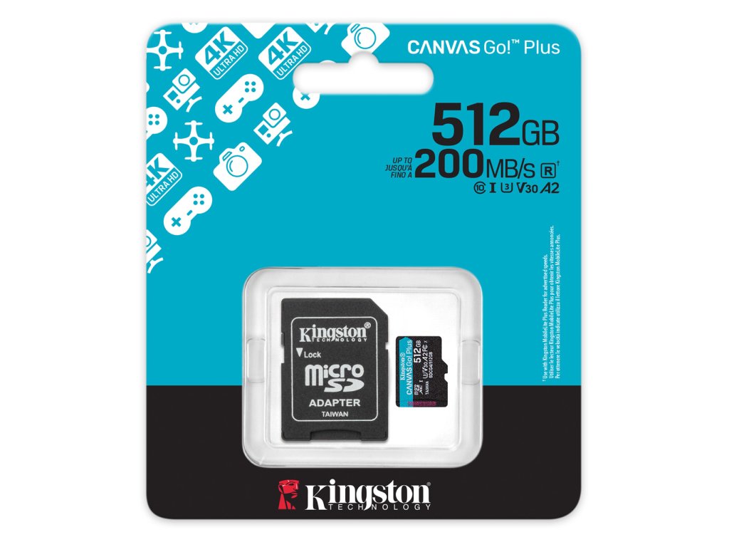 Kingston microSD 512GBCanvasGoPlus, Gen4r/w:200MB/s/160MB/s,with adapter