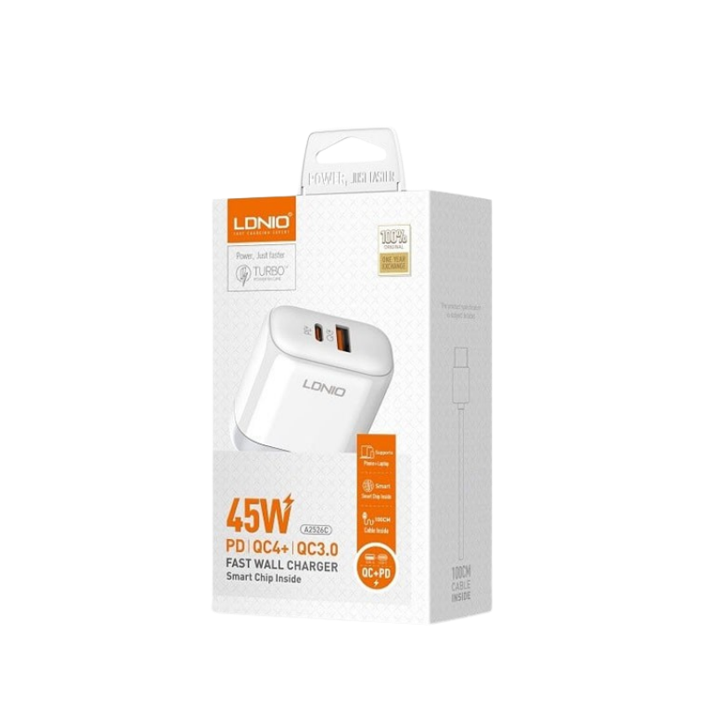 Kucni punjac LDNIO A2526C 45W PD + (QC4+ | QC3.0) (USB-A + USB-C) kabal type-C – type C