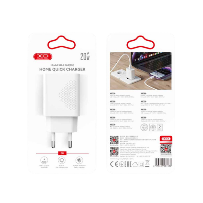 Kucni punjac XO L160 ulaz C 20W white + Type-C cable