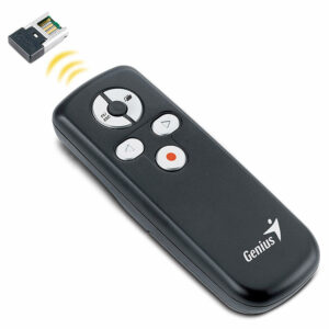 Genius Media Pointer 100. Bežični laserski prezenter. Veza preko USB dongle-a. Mini LCD display. Domet 10 m. Boja crna. Baterija AAA.