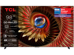 TCL 98"C8K 4K QD-Mini LED TV; 144Hz Google TV; ZeroBorder; Audio BANG & OLUFSEN; HDR Premium 5000; CrystGlow WHVA Panel; Motion Clarity Pro;  HDR10+ HDR10 HLG; Netflix Youtube Amazon Prime Apple TV; Chromecast & T-cast; HDMI: 4x 2.1; USB: 1x 3.0;