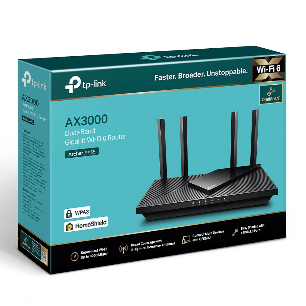 AX3000 Wi-Fi Dual Band ruter.Wi-Fi 6 tehnologija. Brzina do 3 Gbps.4 eksterne antene.Integrisan TP-Link Home Shield.OFDMA tehnologija.Ruter i Access Point mode.1x Gigabit WAN