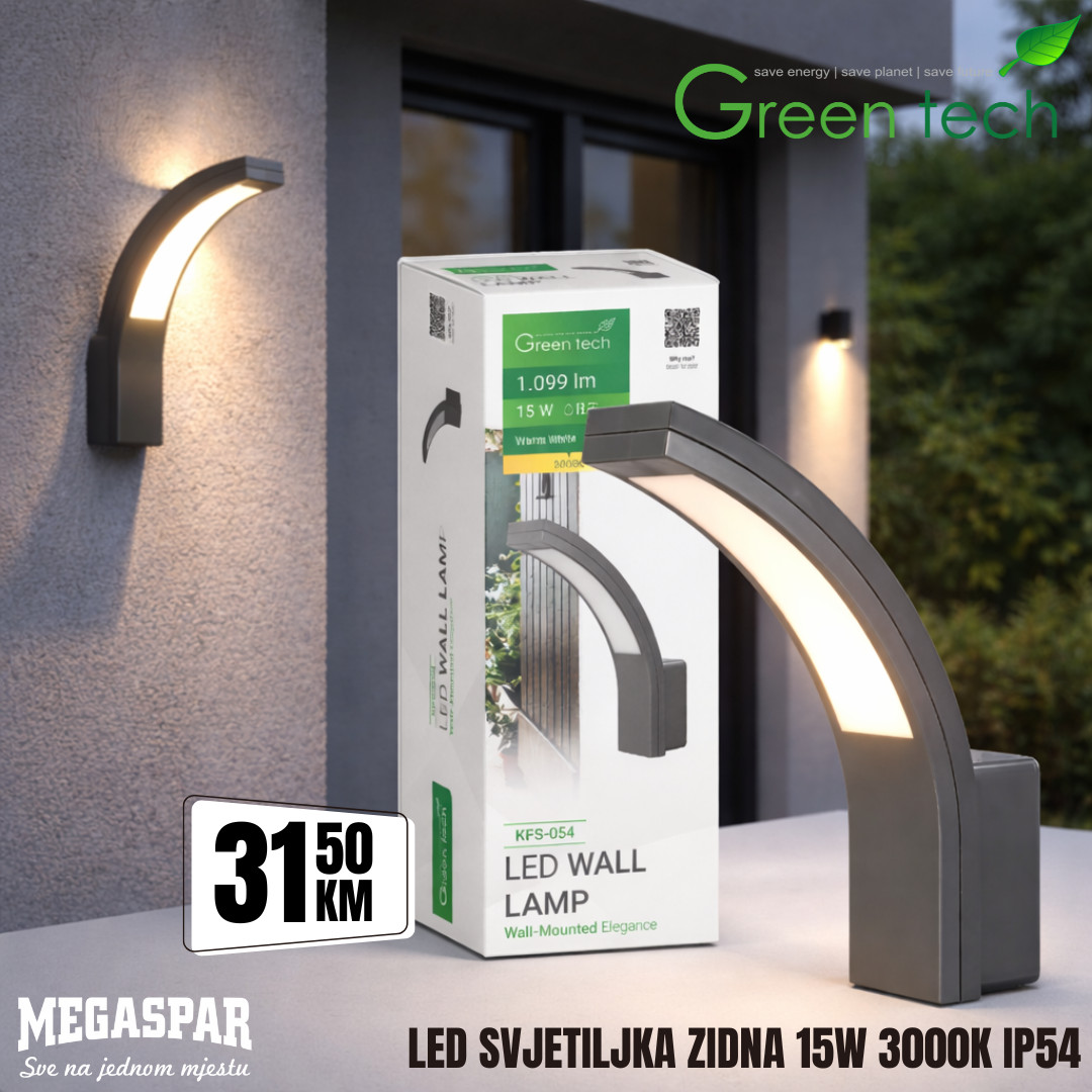 GreenTech zidna vanjska svjetiljka 15W 3000K crna - Image 3